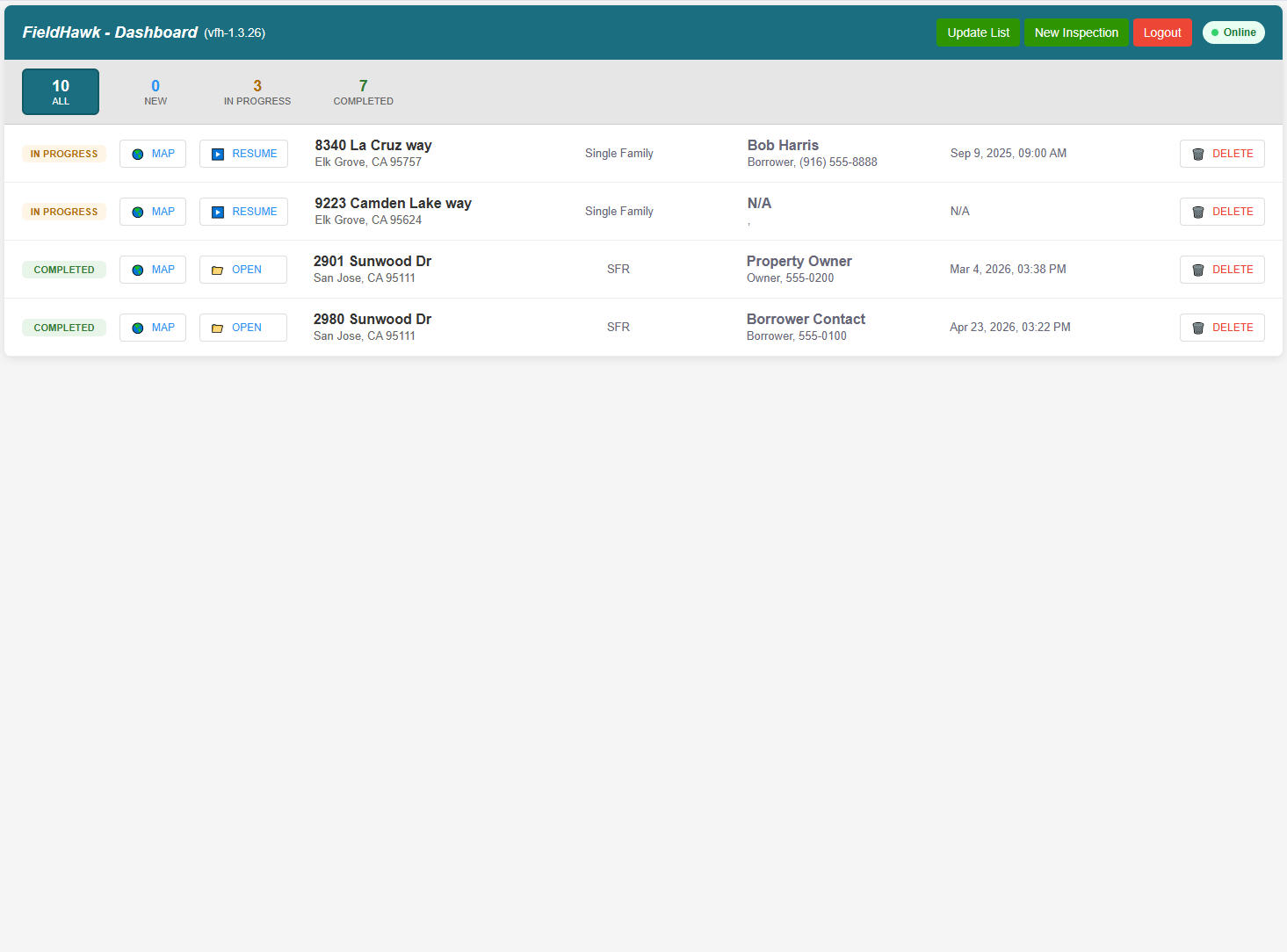 Field Hawk dashboard with inspection status list