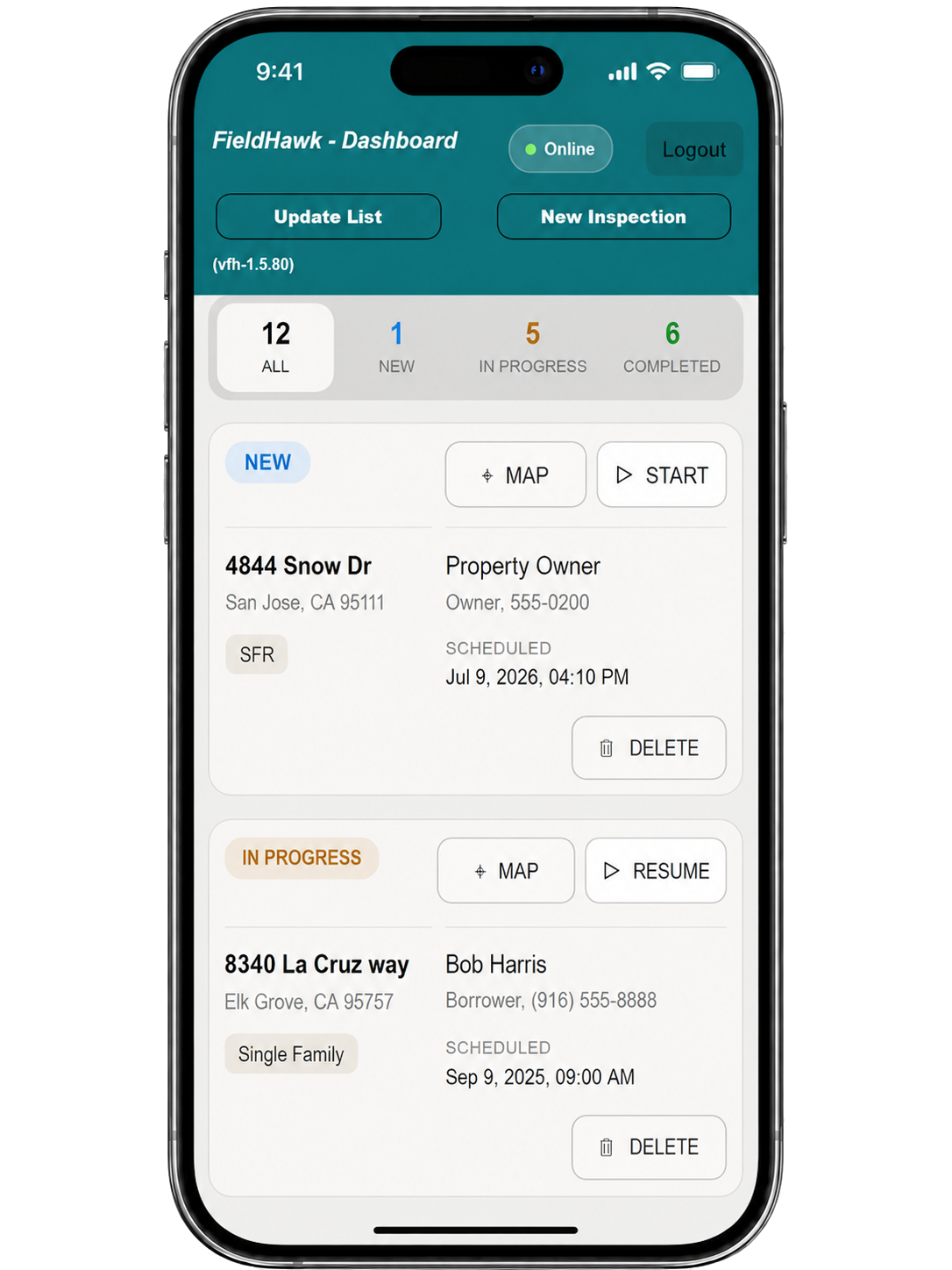 FieldHawk dashboard on a mobile phone
