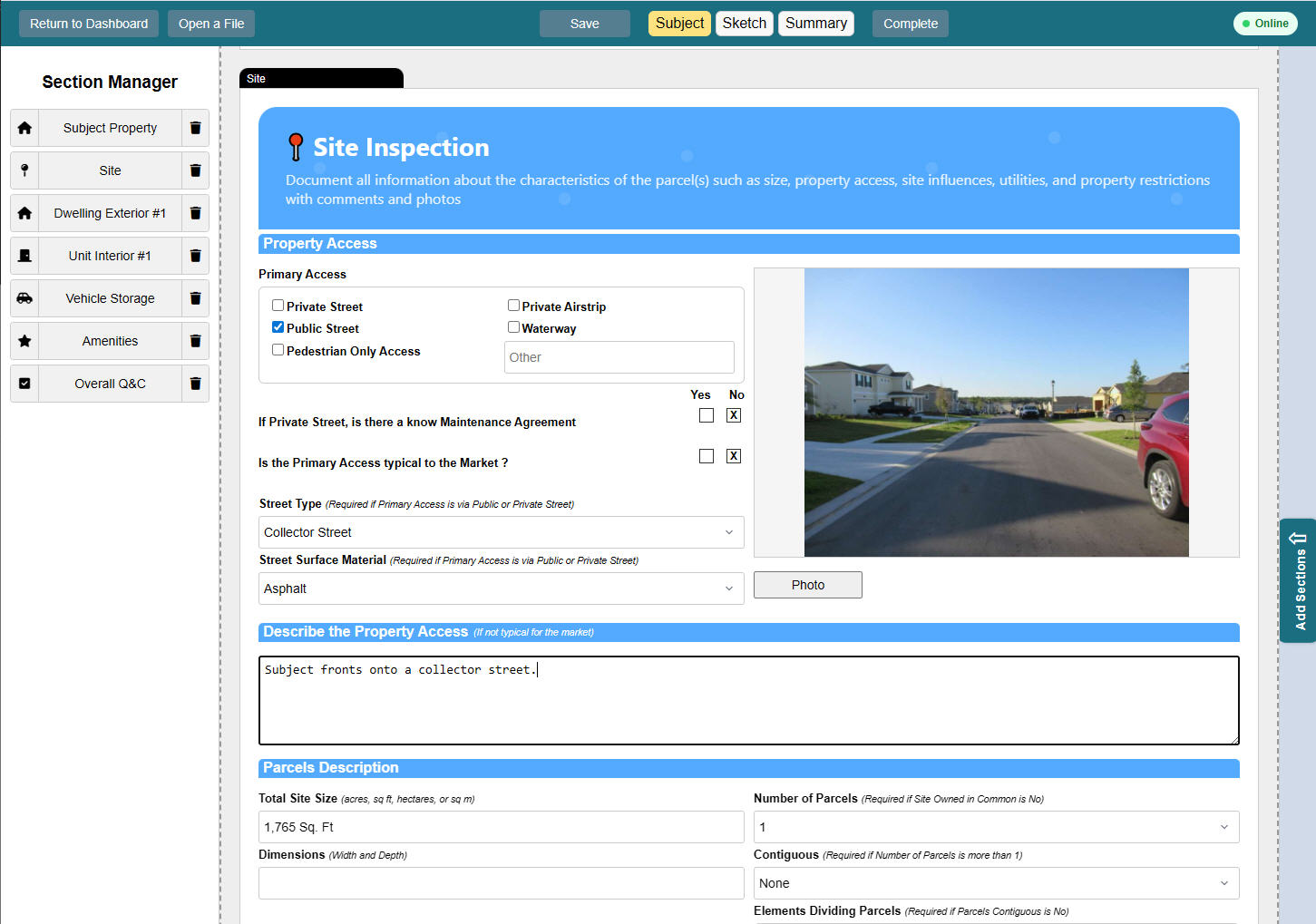 Site inspection module with property access and site influence table