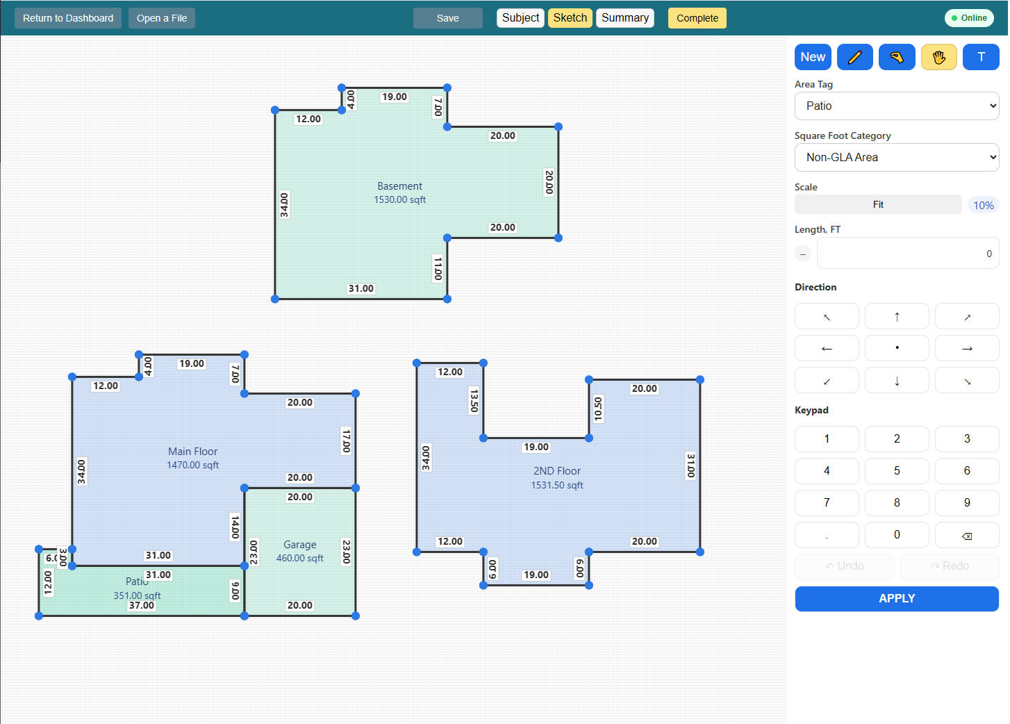 Sketch module with floor areas and side controls