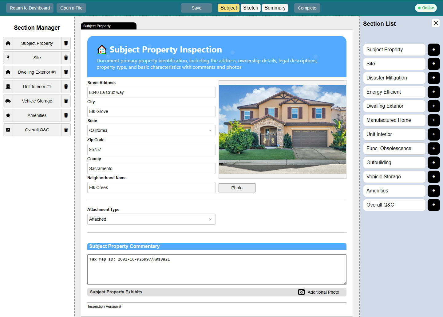 Subject property inspection module with section list