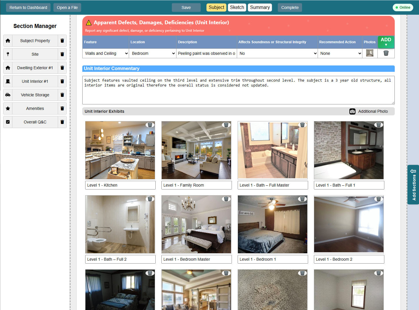Unit interior inspection module with defects and photo exhibits